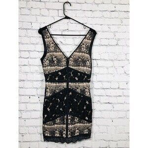 Ark & Co Women Lace Overlay Bodycon Dress V-Neck Geometric Black Tan Size M